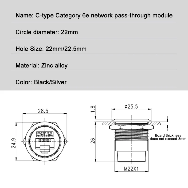 CAT6A Network RJ45 Direct Module Socket C-type Cat 6A Ethernet Interface Data Signal Connector Metal rj45 Round Panel Socekts