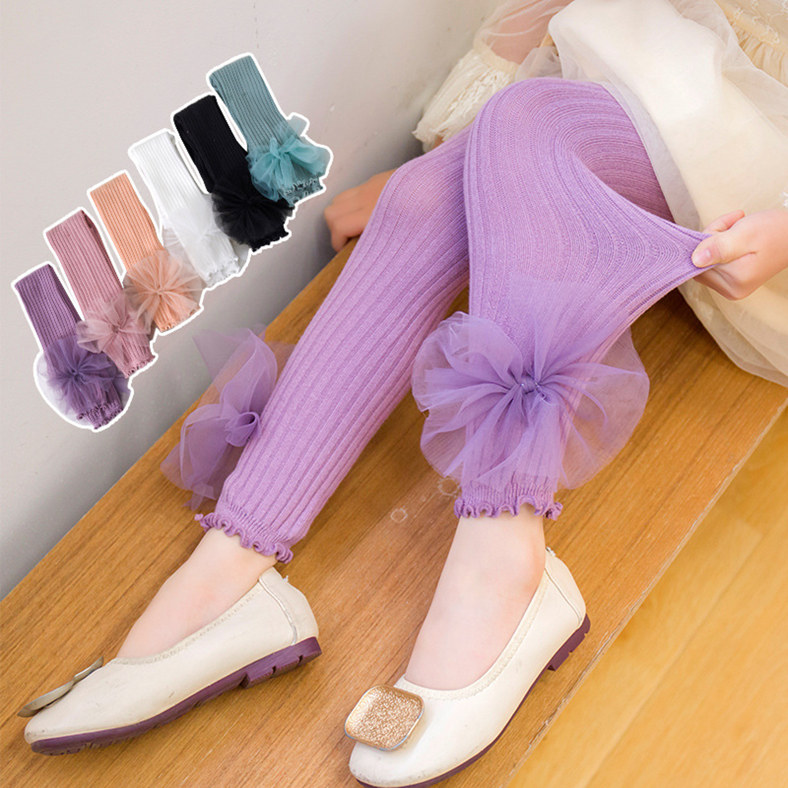 Outono bonito crianças meninas collants linda canelada meia-cintura estiramento leggings com gaze bowknot para meninas