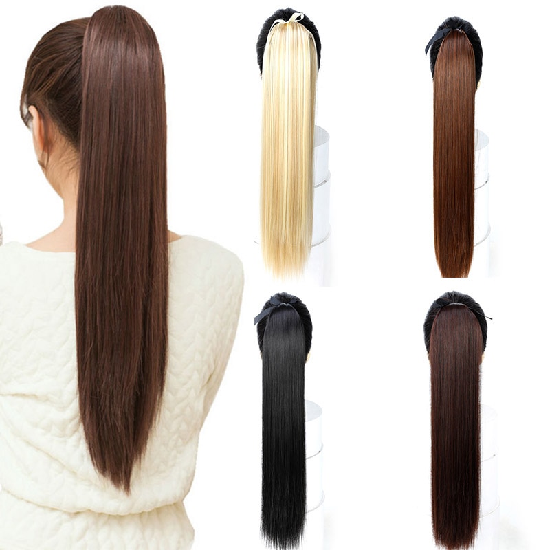 LUPU-peluca larga y Lisa para mujer, coleta de 22 pulgadas, extensiones de cabello sintético resistente a altas temperaturas, color negro Natural