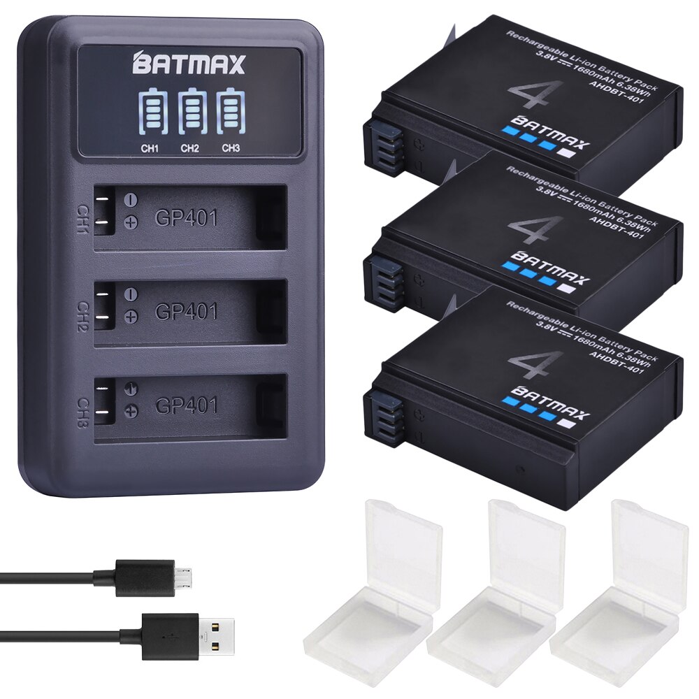 4 Stuks 1680Mah Gopro Hero 4 Batterij Vervanging + Led 3-Slots Usb Lader Voor Gopro HERO4 Gopro AHDBT-401 Actie Camera Bateria: 3 Battery 1 Charger