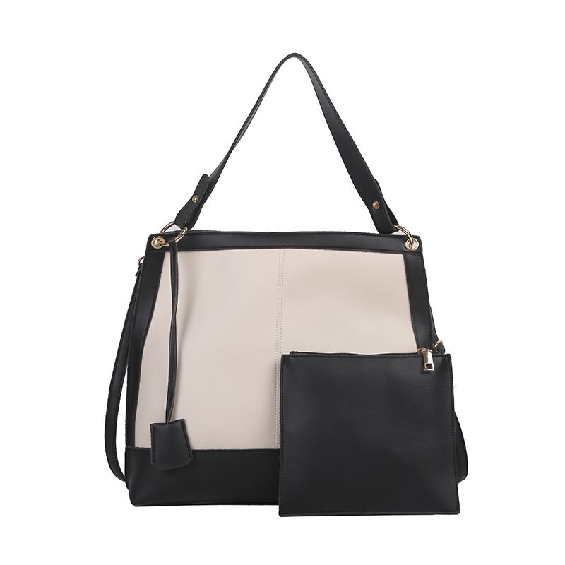 Vrouwen Grote Capaciteit Shopper Handtas Contrast Stiksels Handtas Vrouwen Composiet Tas Grote Schouder Draagtas: Black