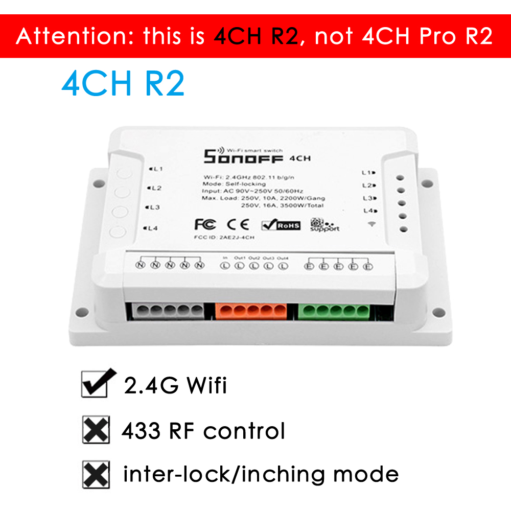 Sonoff 4ch pro  r2 / 4ch r2 smart wifi switch 4 gäng ljus switch , 433 mhz rf wifi relä ewelink arbeta med alexa google home: 4ch r2