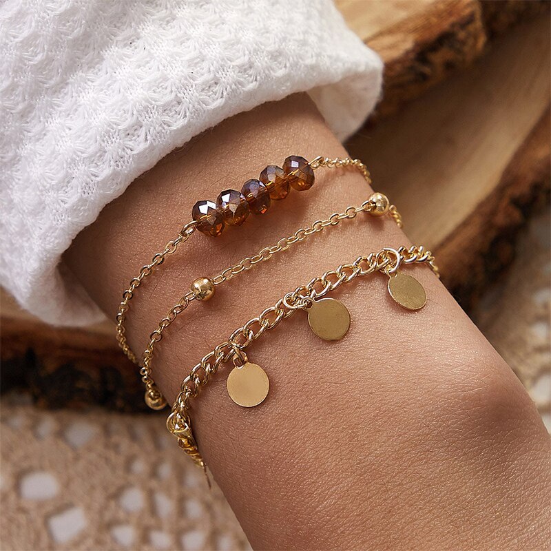 Docona-Conjunto de pulseras de aleación de Metal multicapa para mujer, brazalete bohemio de cristal y piedra media luna, corazón, hoja de árbol, joyería de boda, 9 estilos