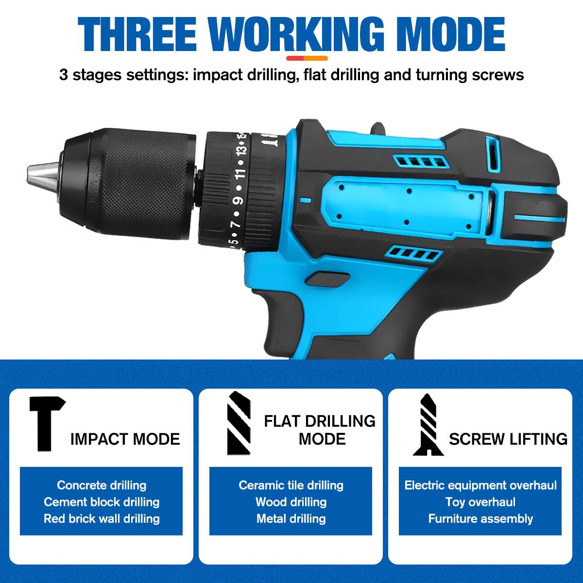 Blmiatko 3 in 1 børstet elektrisk drill 10mm 350nm 20+3 moment hammer skrutrekker batteridrevet slagbormaskin for makita batteri