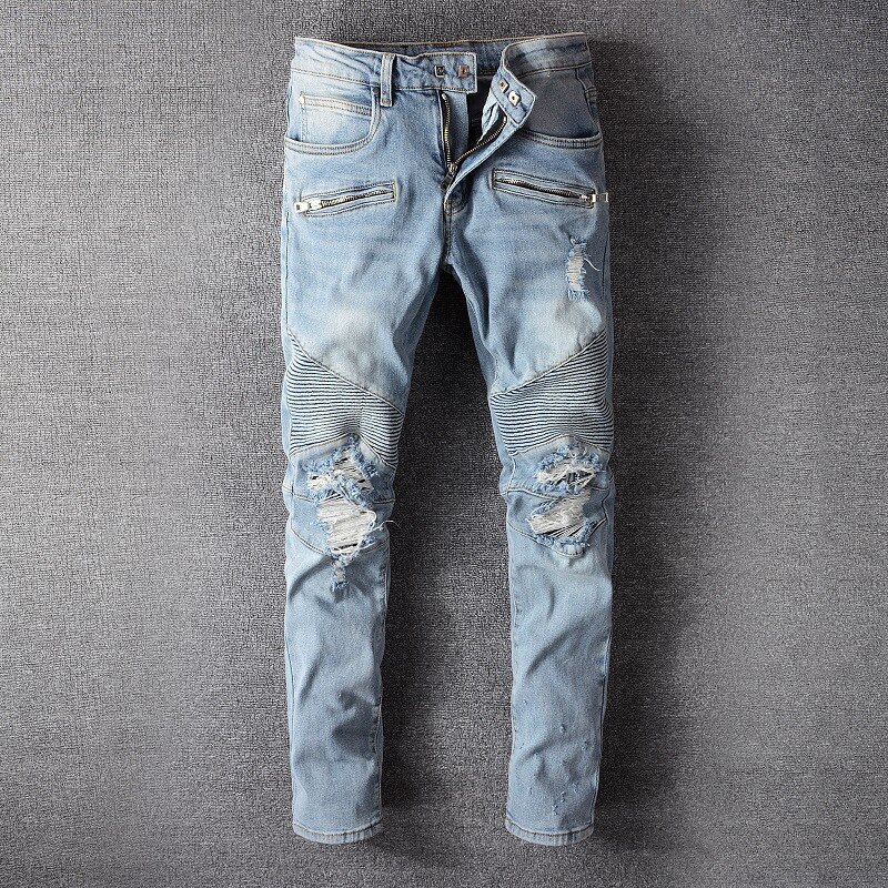 KIMSERE Mens Hi Street Ripped Biker Jeans Pants Pleated Motorcycle Denim Trousers With Holes Moto Jeans Plus Size 28-40: Sky Blue / 36