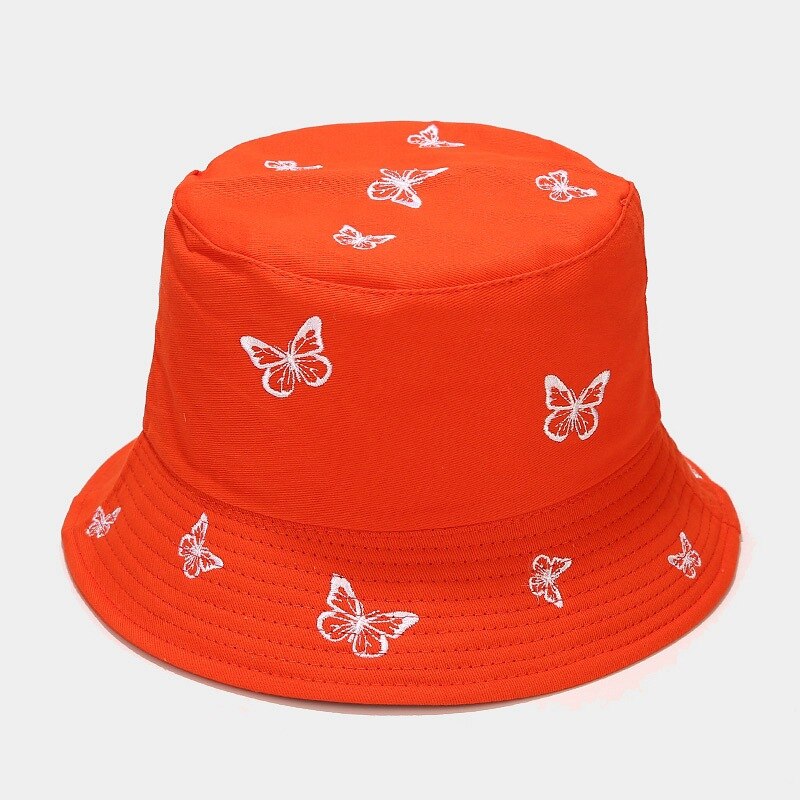 Sombrero de pescador con bordado de mariposa para hombre y mujer, gorra de pescador con bordado de mariposa, doble cara, de algodón, protección solar, 2022: Orange