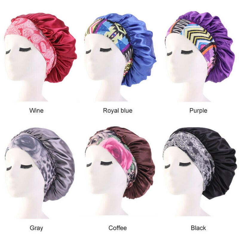 Gorro de satén para salón de belleza para mujer, gorro para dormir, gorro para el pelo, diadema ancha elástica de seda para cabello rizado