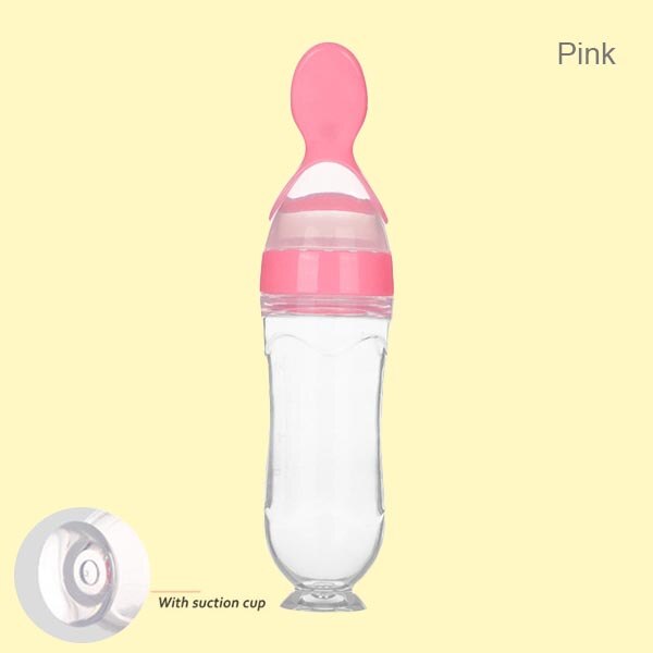 Beeshum 90ml Baby Squeezing Feeding Spoon Safety Silicone Training Baby Bottle Spoon Infant Cereal Food feed Spoon baby gadgets: pink suction cup