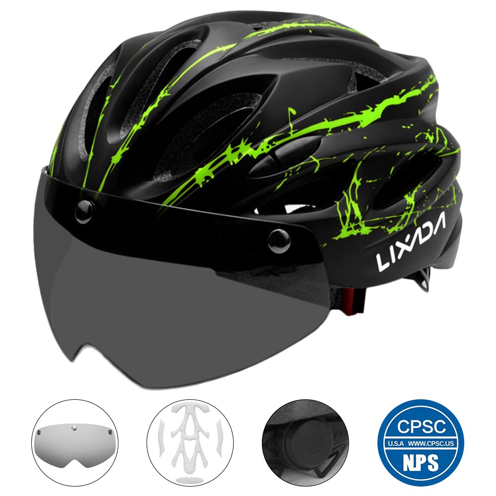 Lixada Bike Cycling Helmet with Detachable Magnetic Goggles LED Light Mountain Road Bicycle Helmets Safety Protective Helmet: Green NO Light
