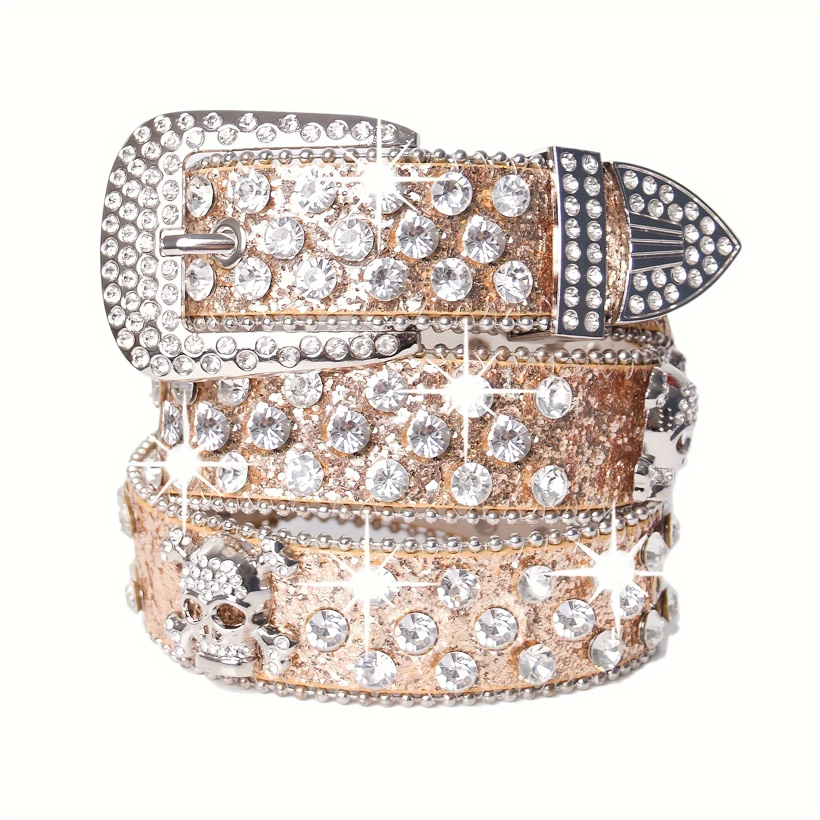 Skull Rivet Rhinestone Bb Belts Trendy Solid Color Sparkling PU Leather Belt Cowboy Cowgirl Jeans Pants Belt For Women Girls