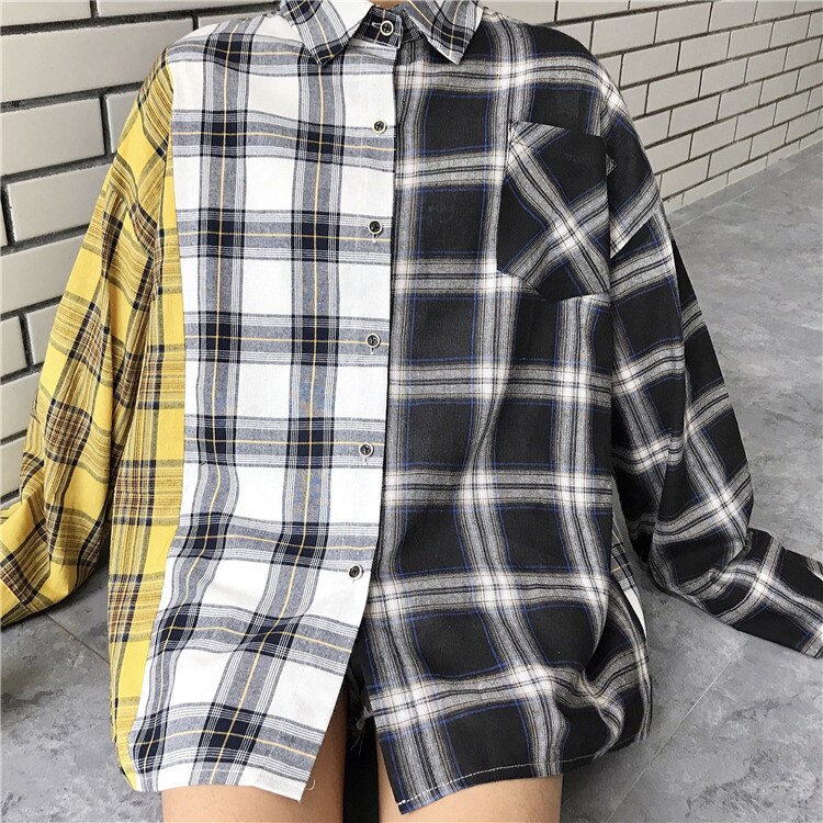 Chemise à carreaux femmes Bangtan garçons SUGA Blouse corée grande taille décontracté printemps automne épissure chemises