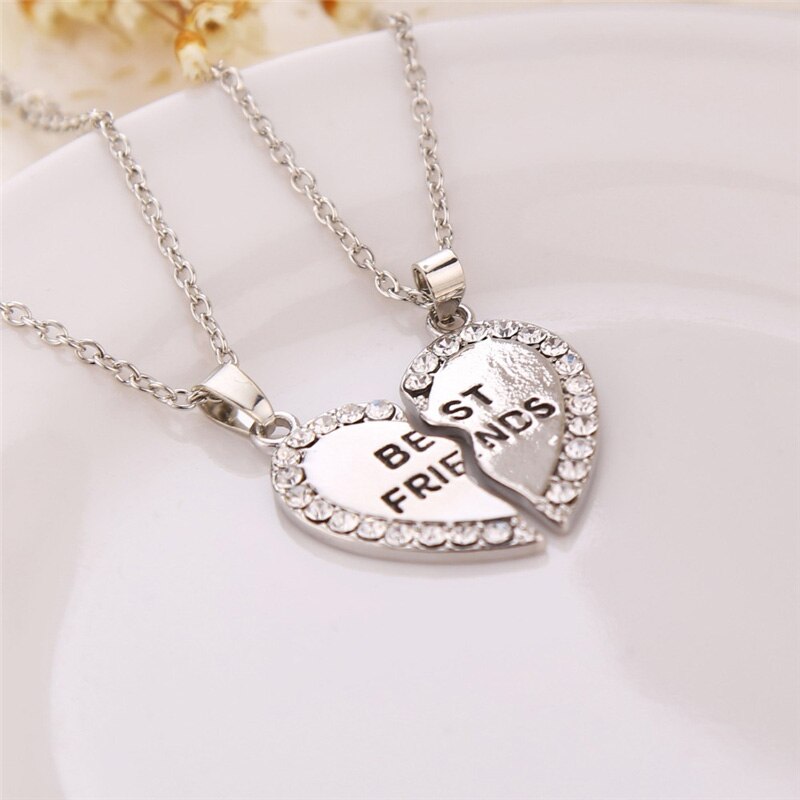 Unisex 2 Pcs BFF Necklace Women Crystal Heart Pendant Best Friend Letter Necklace Couple Necklace Men Friendship Jewelry