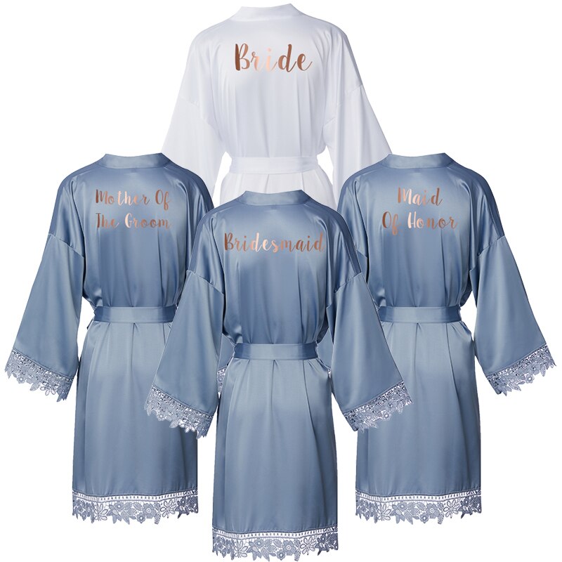 Dusty Blue Matt Satin Lace Robe with Trim Gown Bridal Wedding Bride Robes Bridesmaid Kimono Robe Bridal Robes
