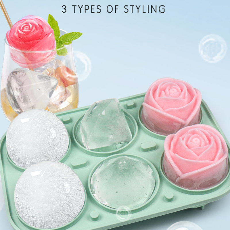 3D Rose Diamond Round Ice Cube Molds 4/6 Grid Ice Cube Tray Flower Shape Silicone Ice Maker Kitchen Bar Utensil Tool Accessorise