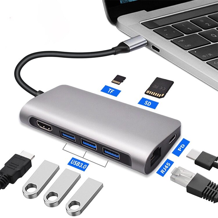 Typ-c Docking Bahnhof zu Hdmi 4K RJ45 Netzwerk Hafen 3 * USB 3,0 PD Ladung 8 in 1 Macbook Laptop Telefon USB C Hub