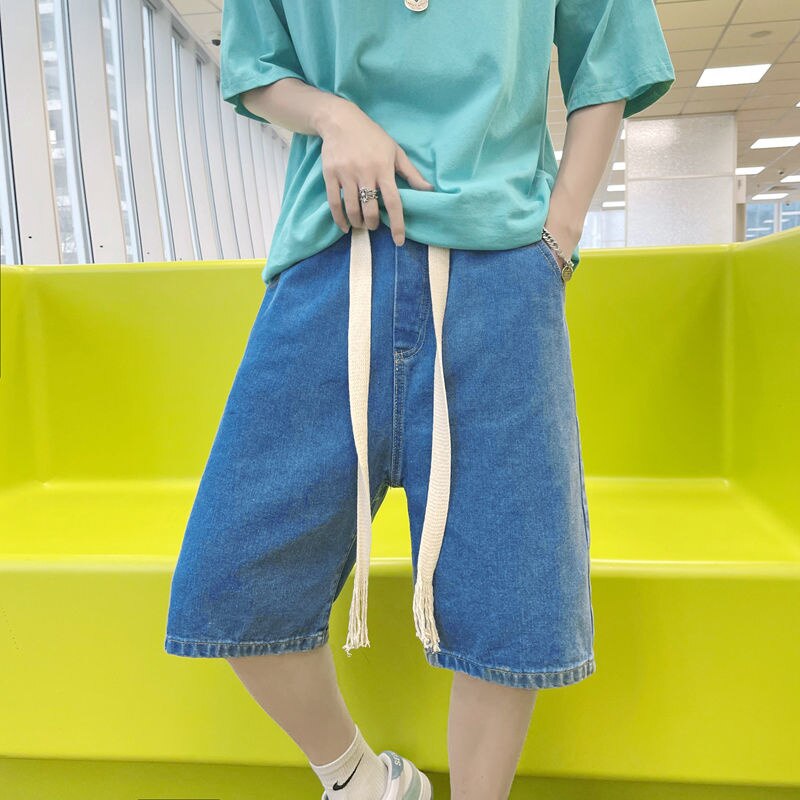 Summer Blue Black Denim Shorts Men Casual Drawstring Denim Shorts Mens Streetwear Loose Straight Jeans Shorts Men S-3XL: Blue / XXXL