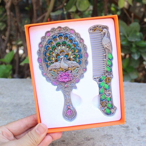 Travel retro makeup handle mirror comb set simple portable dormitory decor student mirror Peacock mirror LB41613: 6