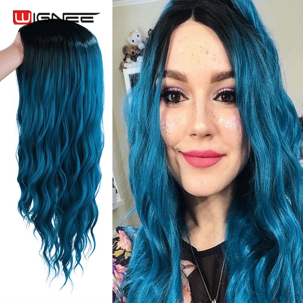 Wignee longo ondulado fibra azul perucas sintéticas parte média resistente ao calor para cabelo natural feminino diário/festa/cosplay party perucas