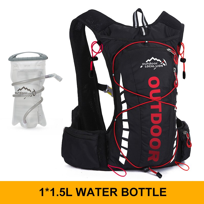 Cycling backpack for men and women, nylon bag, waterproof 8 liters, hiking and camping, 250ml water bottle with 1.5L water bag: black red1.5L