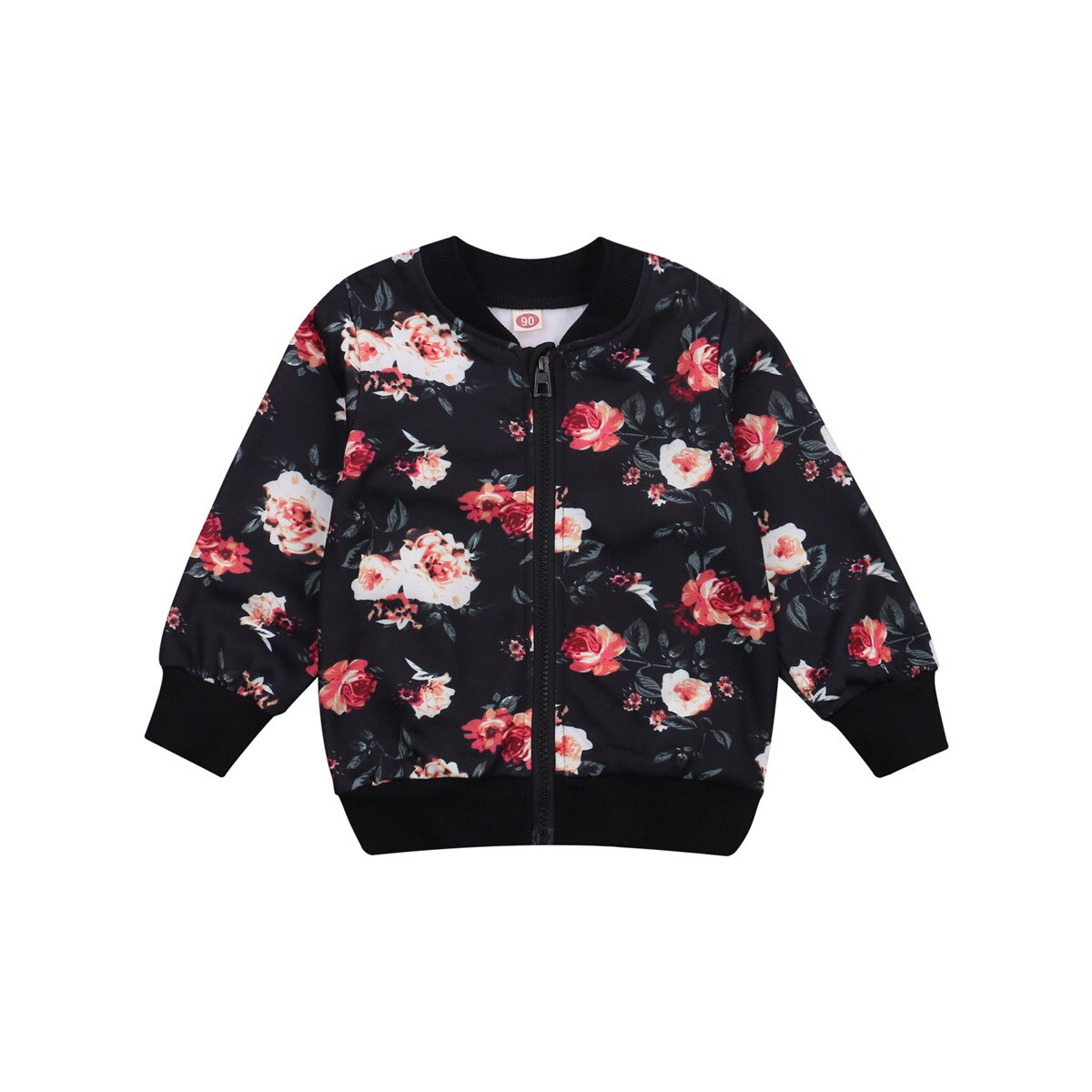 Kinderen Meisjes Rits Jas, Baby Geribbelde Zoom Bloemen Gedrukt Top Lange Mouwen Jas Voor Kinderen 2-7Y Lente Herfst