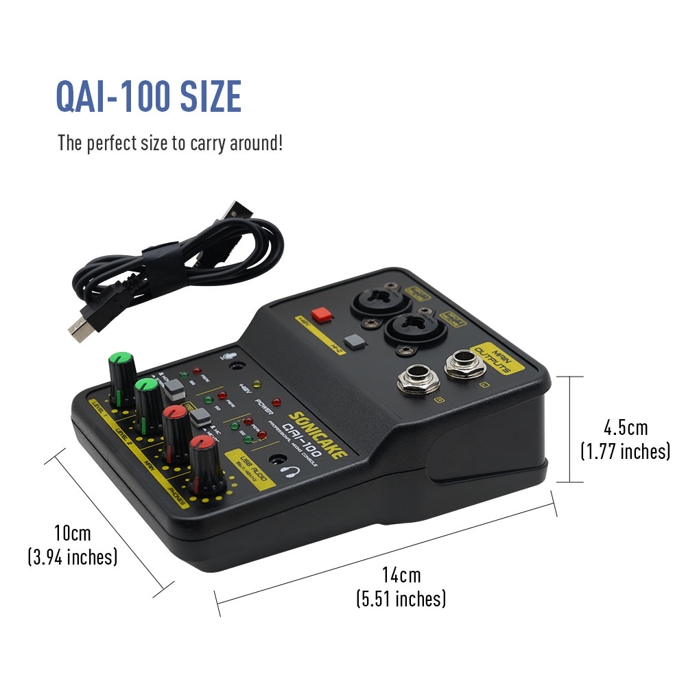 SONICAKE 2-Channel Mini Audio Mixer with Sound Card DJ Studio Music Recording Home Karaoke PC Compatible Mixing Console QAI-100