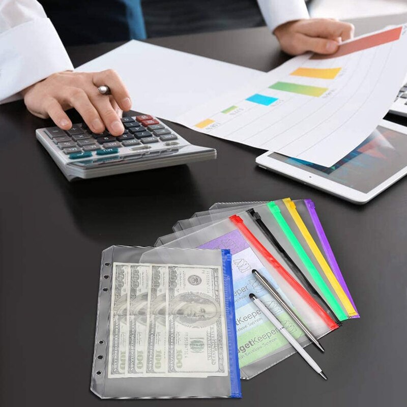 12PCS Binder Pockets A5 Size 6 Holes Zipper Binder Pouch Folders for 6-Ring Notebook Binder Loose Leaf Bags