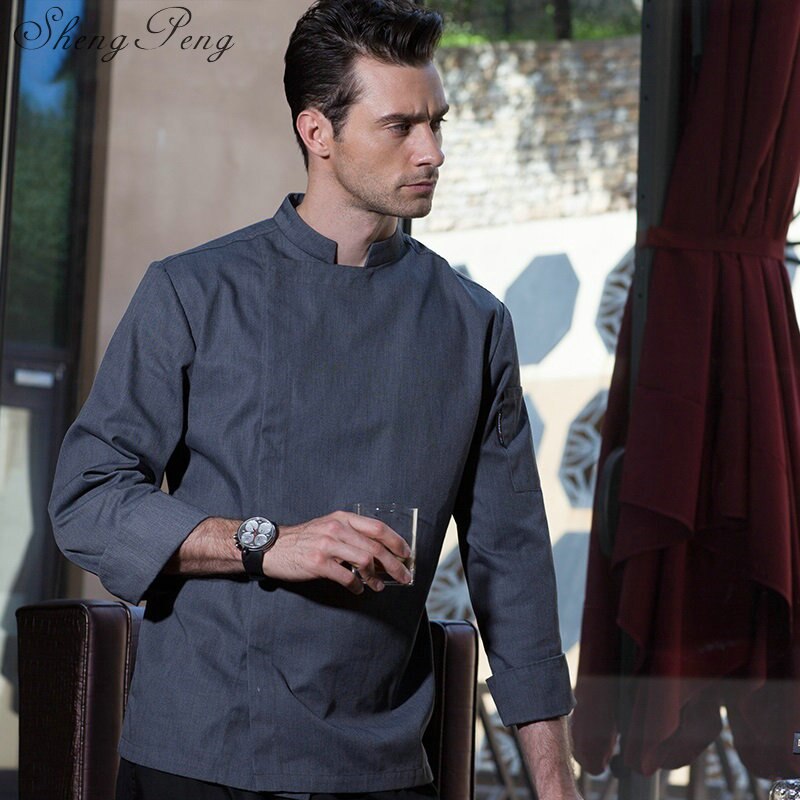 Food service long sleeve head chef uniform restaurant hotel kitchen white grey chef jacket chef coat CC341