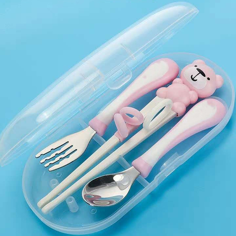 impostato di bacchette per forchetta per cucchiaio per bambini orso dei cartoni animati cucchiaio per alimenti per bambini impostato di posate per bambini in acciaio inossidabile: rosa