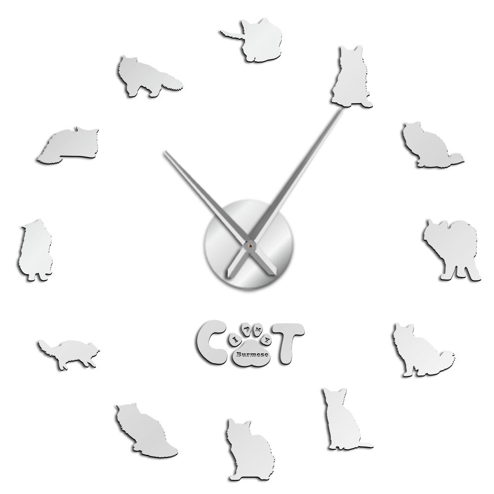 Burmese Cat DIY Acrylic Wall Clock For Bedroom Wall Decor Cat Breed Silent Quartz Big Time Clock With Acrylic Mirror Sticker: Silver / 47inch