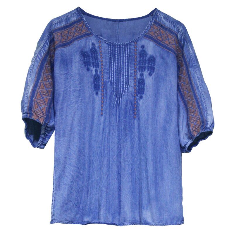 Chemisier femmes Yuzi. may Boho Denim femmes Blouses col rond lanterne manches Vintage broderie Blusas Femininas B9281 Blusa