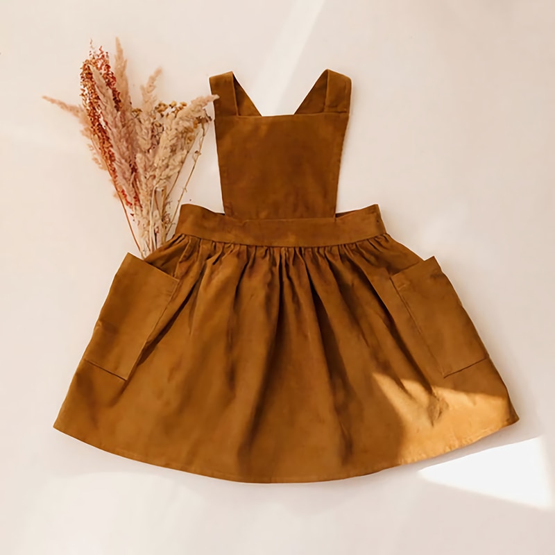 Retro Band Meisjes Katoen En Linnen Jurk 2022 Zomer Baby Kids Casual Mouwloze Rustieke Bruine Overgooier Jurken TZ026