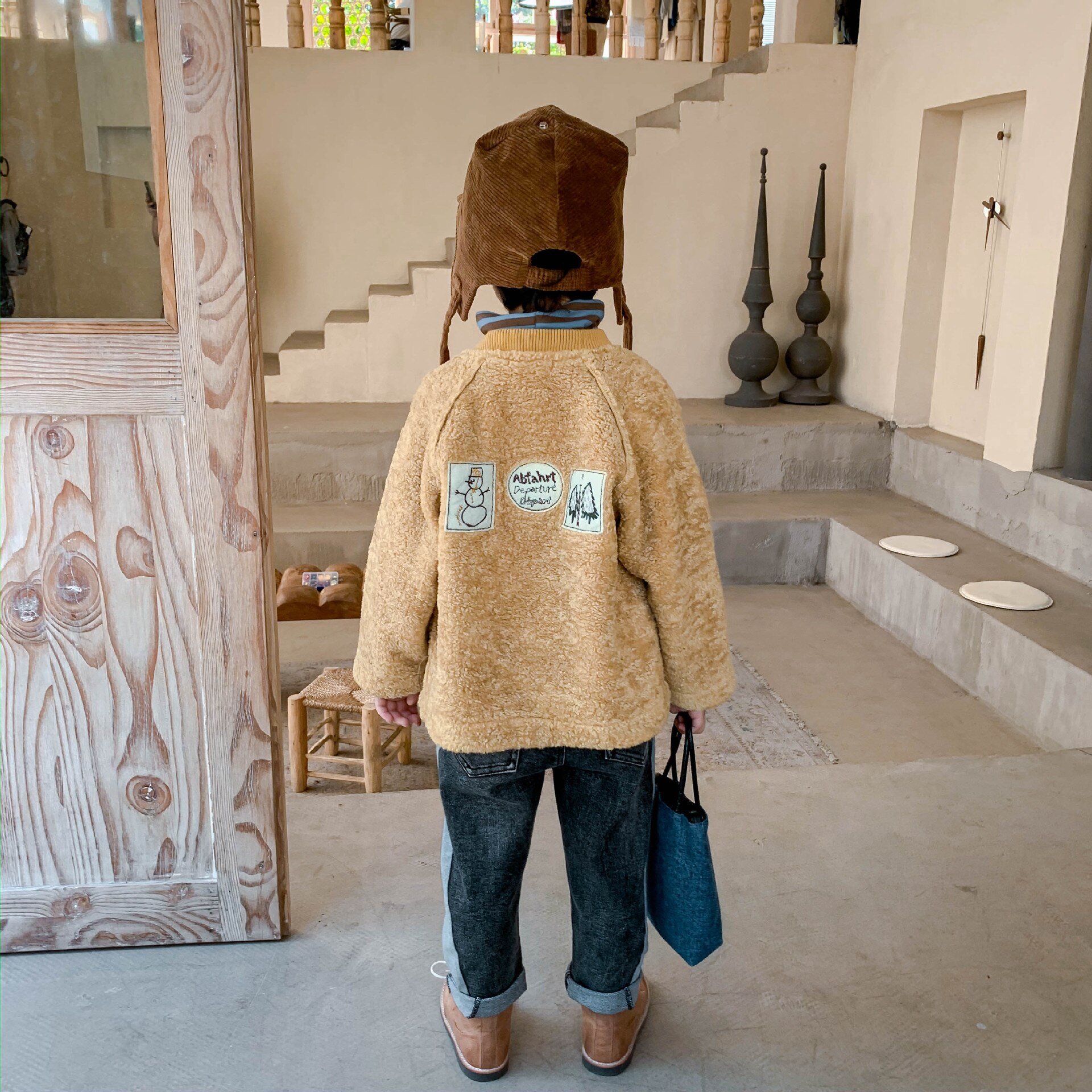 Chaquetas de lana bordadas con dibujos animados para niños, abrigos informales con cuello levantado y cremallera, Otoño Invierno