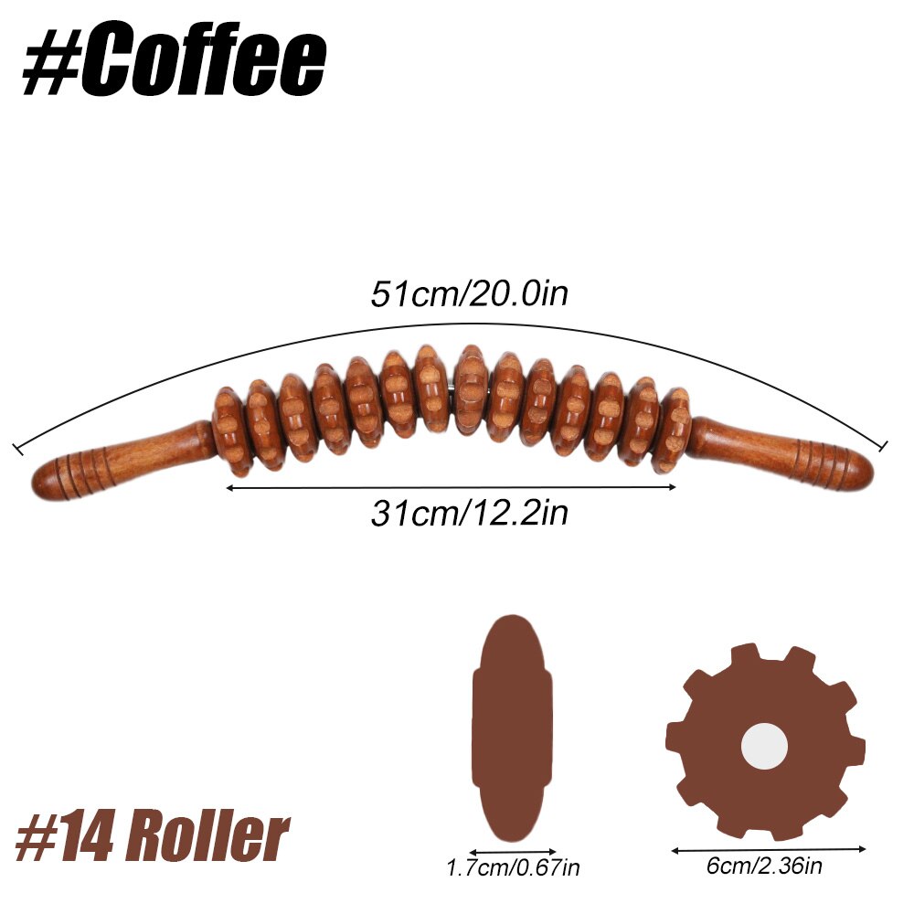 Rodillo de terapia de madera, herramienta de masaje, masajeador de Maderoterapia Colombiana de curvo, drenaje linfático, palo de punto gatillo: Coffee-14 Roller