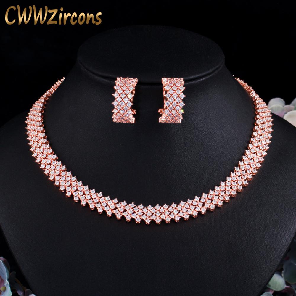 CWWZircons – ensemble de bijoux pour femme, magnifique collier et boucles d&#39;oreilles en zircon cubique, couleur or Rose, T490, 5 couches