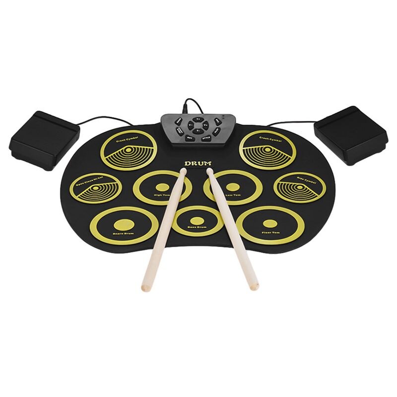 Juego de batería electrónica portátil, Kit de batería enrollable, 9 almohadillas de silicona alimentadas por USB con pedales de pie, baquetas, Cable USB