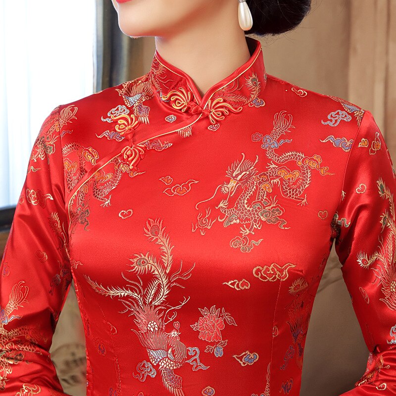 Chino rojo novia boda Qipao vestido femenino Sexy mujeres largo de satén manga Cheongsam estilo chino dragón vestidos de Phoenix
