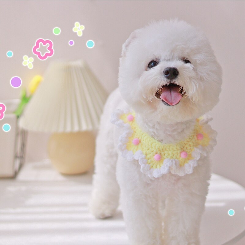 Macaron Knit Amarillo claro Babero para cachorro Pretty Green Collar de perro Bufanda Artículos para Bichon Frise Floral Pet Bows Pañuelo para el cuello de gato Maltés