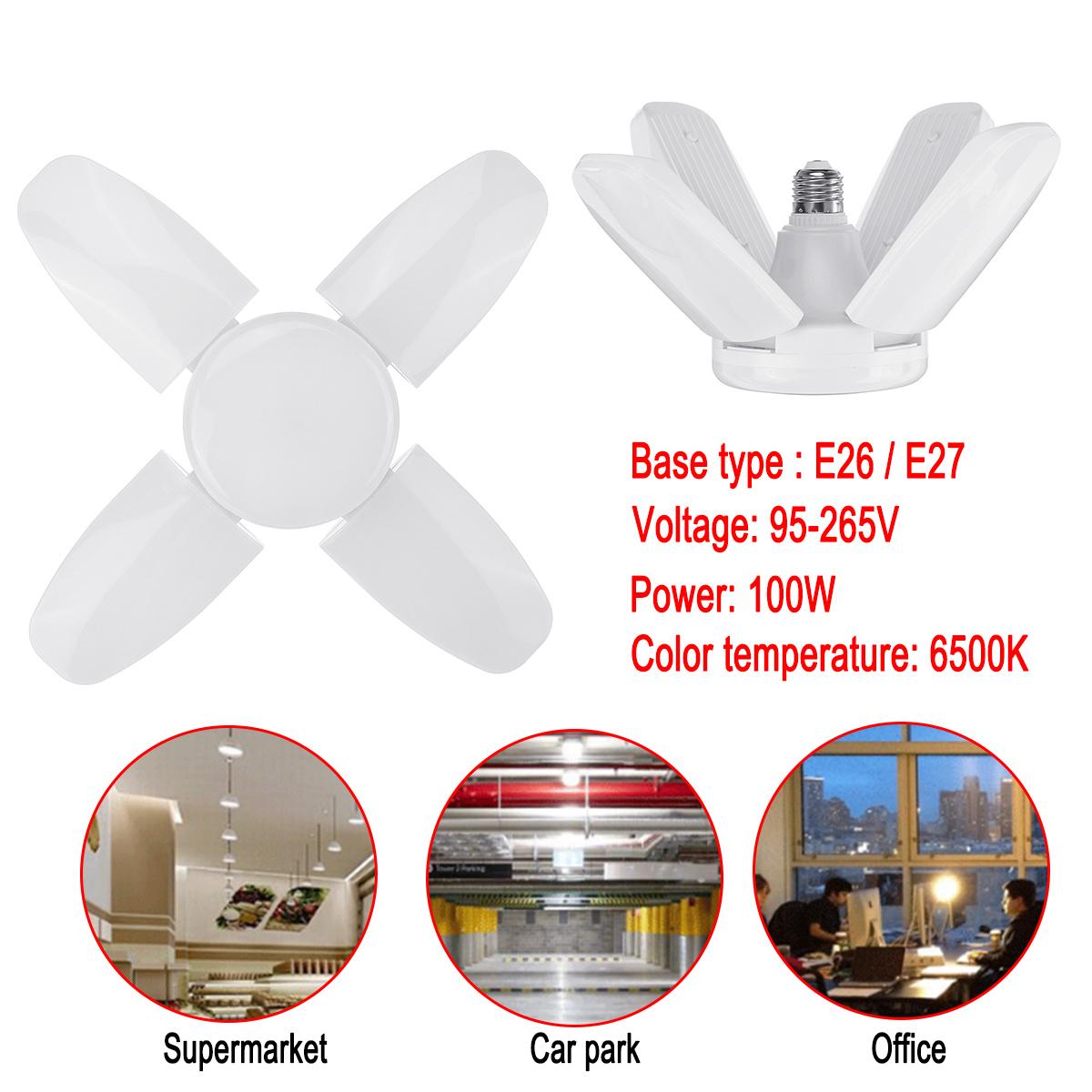 3Pcs 100W White Foldable 4 Blade Fan LED Lamp E27/E26 95-265V 90 Degrees Adjustable Ceiling Garage Industrial Workshop Light