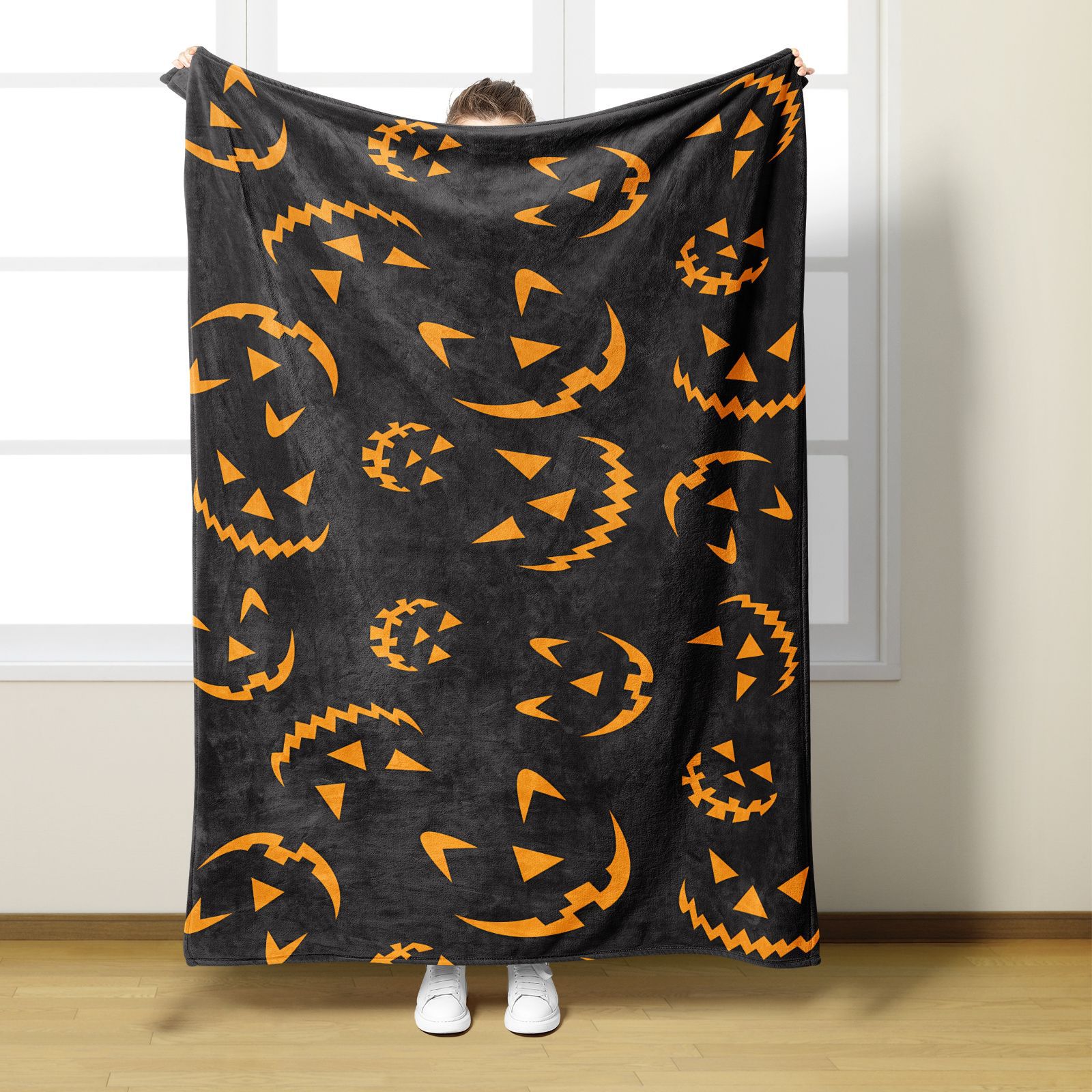 Orangefarbene Halloween-Flanelldecke für Höhle Winter, warm, weich, Karikatur-Kürbis, Digital bedruckt, Überwurfdecken für Sofa, Bettdecke: 100x140cm / Orange