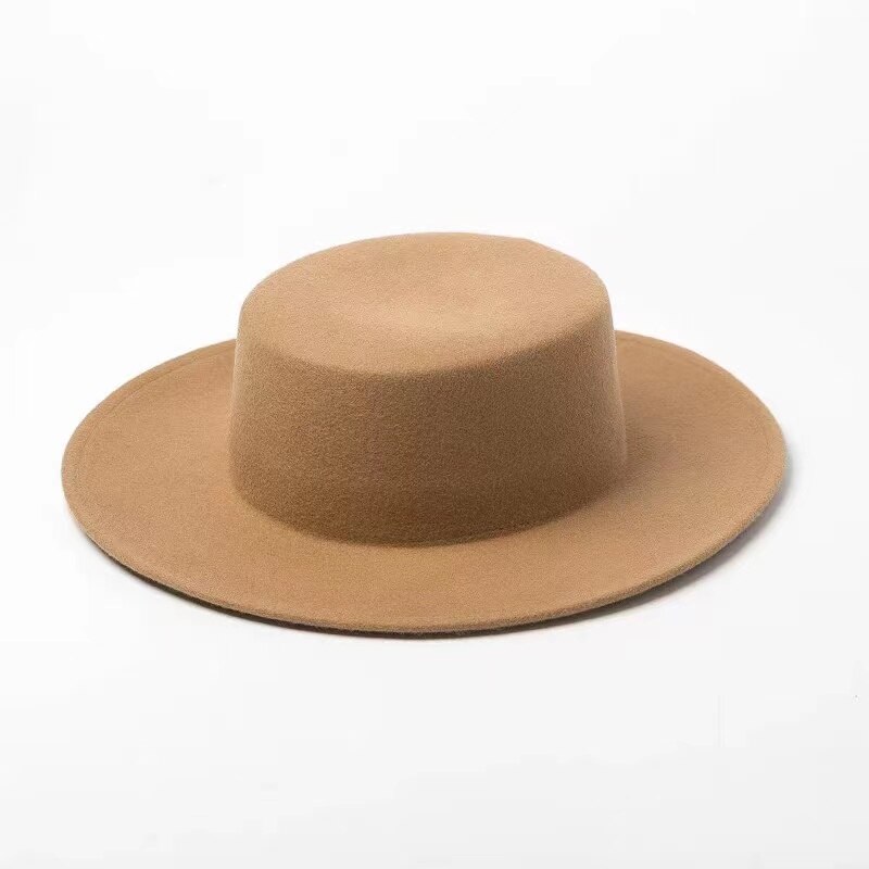 Neue Winter Flache oben Fedoras Hüte Für Frauen Männer Einfarbig Wolle Jazz Kappe Breiter Krempe Damen Elegante Kappen Bowler Hüte Kap: Kakifarbig