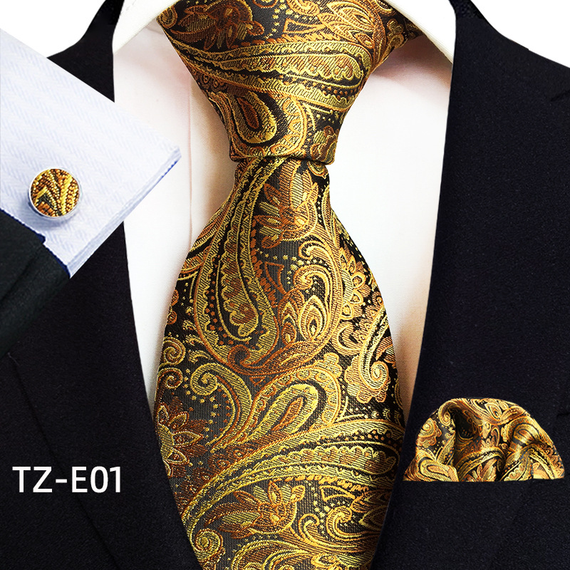 Gold Paisley Silk Ties For Men Luxury 8cm Royal Striped Necktie Pocket Square Cufflinks Set Jacquard Weave Tie Suit Accessories: WHITE