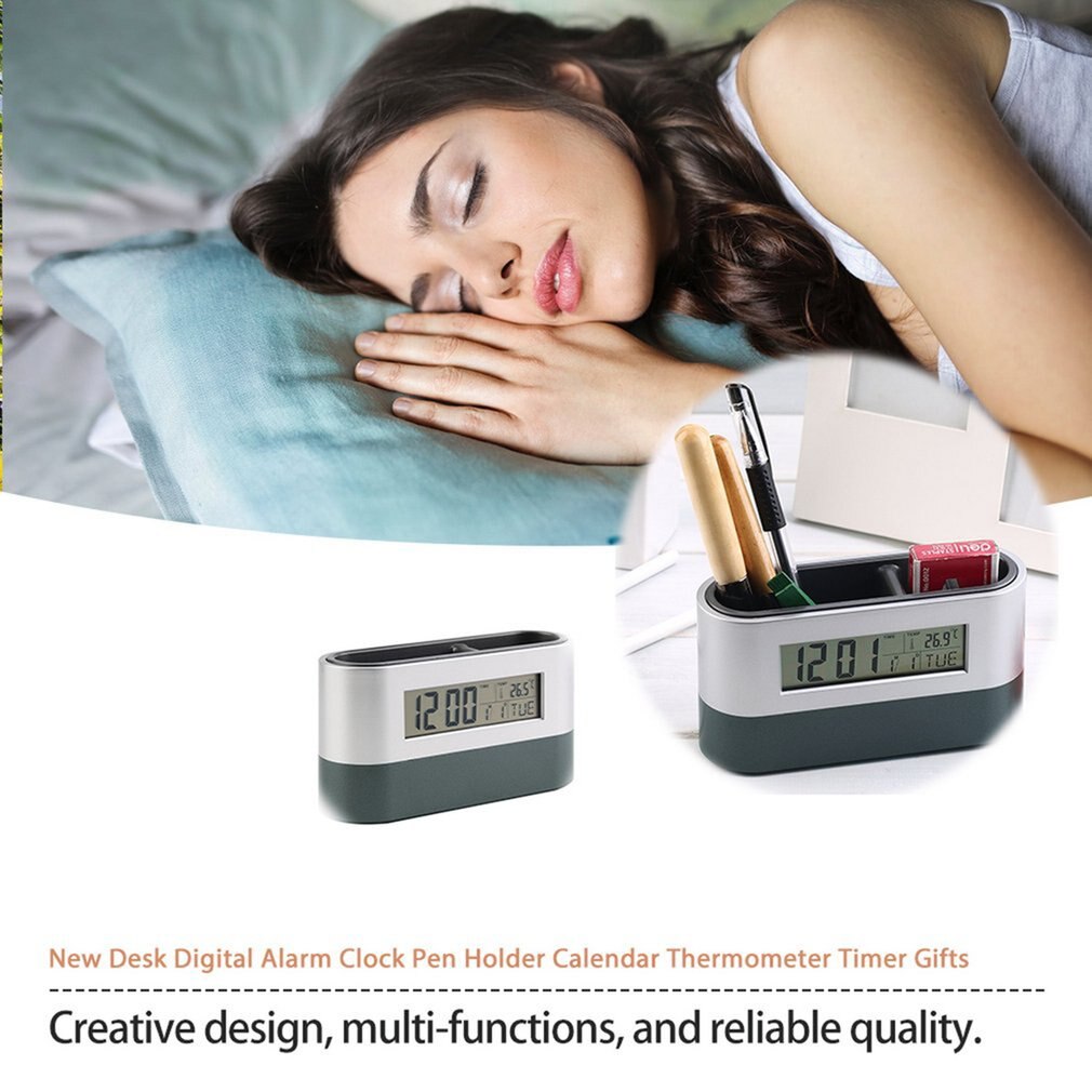 Multifunctional Digital Snooze Alarm Clock with Pen Holder Calendar Temperature Display Grey Color Shippingdiscount