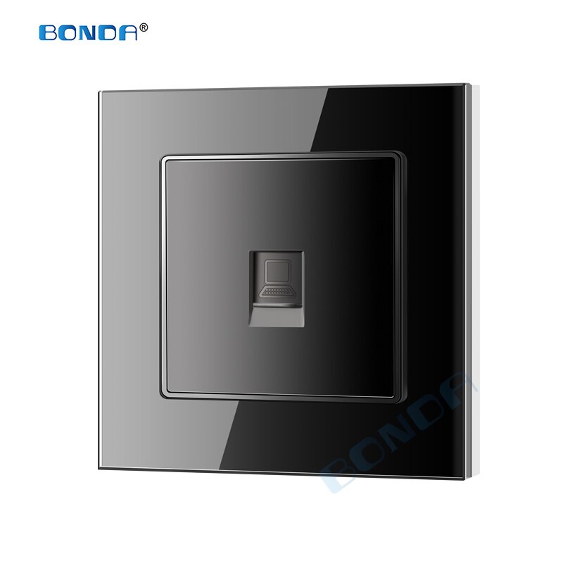 BONDA low current socket, Network socket, wall socket, coaxial wall-mounted output panel socket, crystal tempered glass 86*86mm: Internet   black