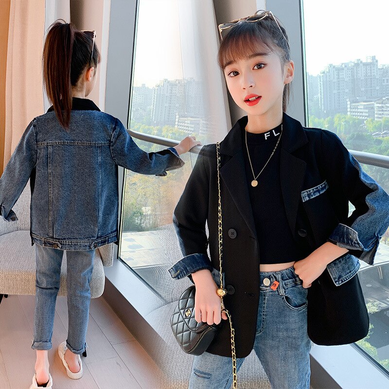 Blazer à Double boutonnage noir pour fille, veste en Denim avec coutures, vêtement d&#39;extérieur formel pour adolescent et enfant de 3 à 12 ans, nouvelle printemps-automne 2022