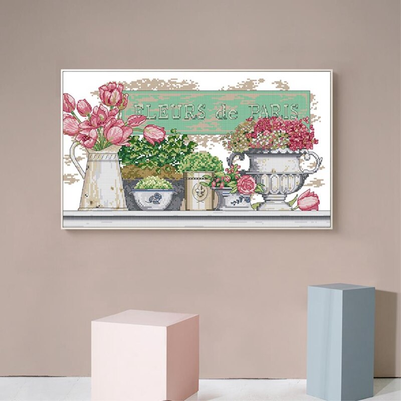 Cross Stitch Stamped Kits 14CT Printed Embroidery Cloth Needlepoint Kits Easy Patterns For Vase And Flowers