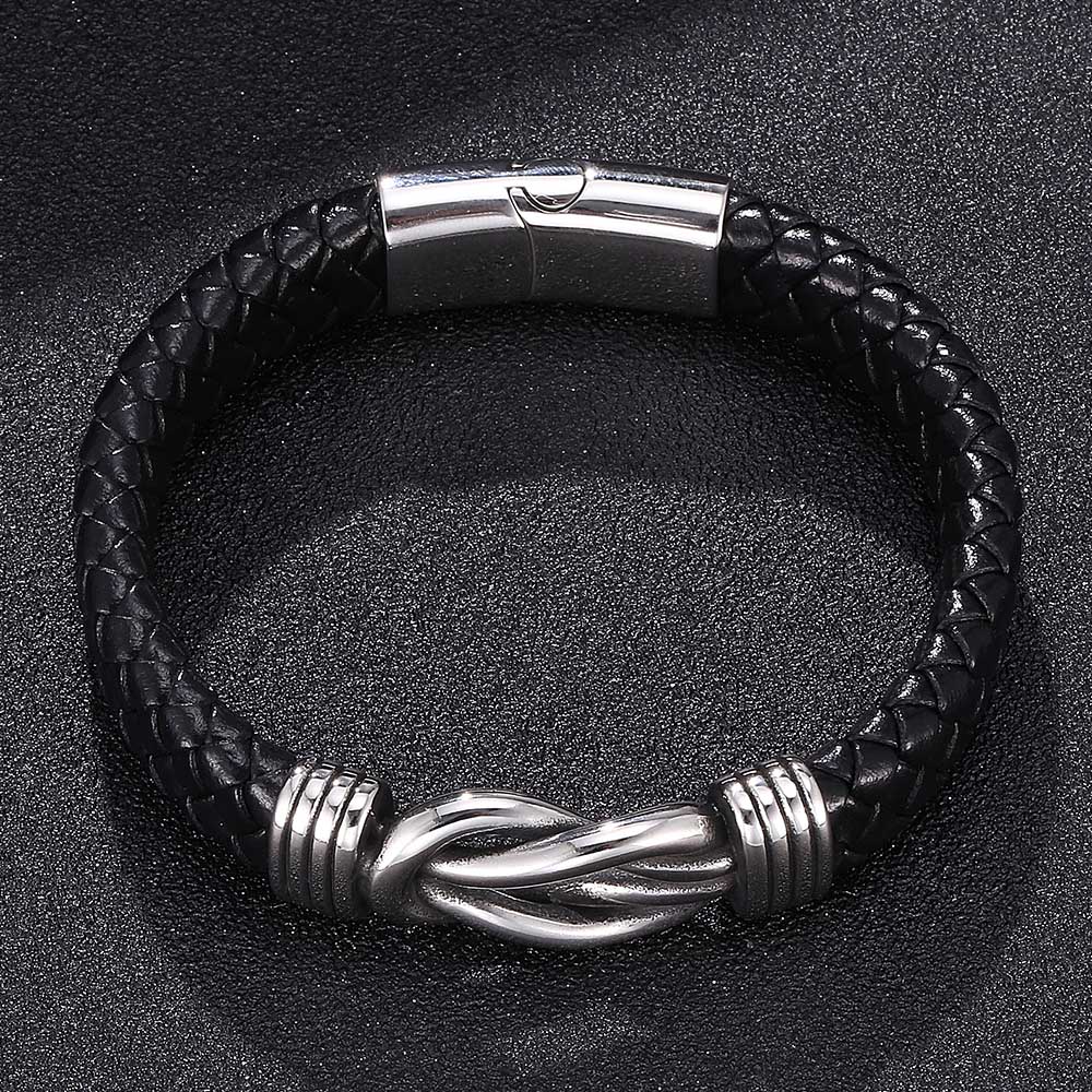 FORTAFY Leather Bracelets for Men Black Braided Bracelet Stainless Steel Clasp Wristband Male Jewelry FRPW803