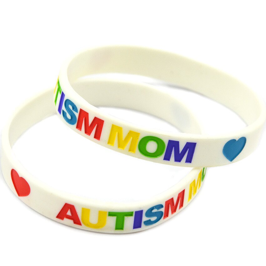 PBR157(1), "Autism Dad and Mom" Print Black/White Puzzle Pieces Ribbon Autism Awareness Wristband Silicone Rubber Bracelets: White