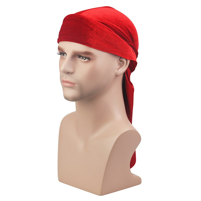 Mannen Fluwelen Lange Staart Durag Hip Hop Tulband Ademend Bandana Hoed Fluwelen Zijdeachtig Satijn Durag Doen Doo Du Rag Lange staart Headwrap: Rood