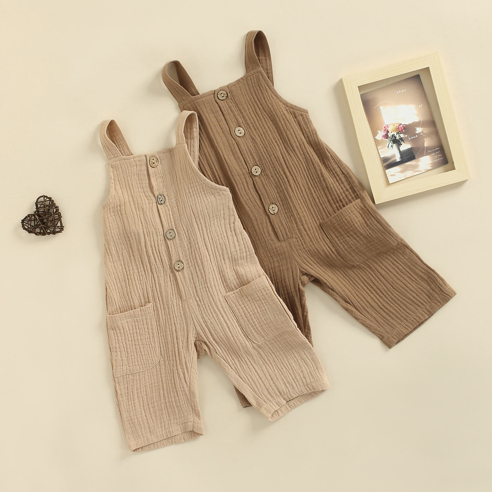 Katoen Linnen Casual Solid Kinderen Jumpsuit Peuter Vierkante Kraag Mouwloze Button-Down Jarretel Broek Voor Meisjes Jongens