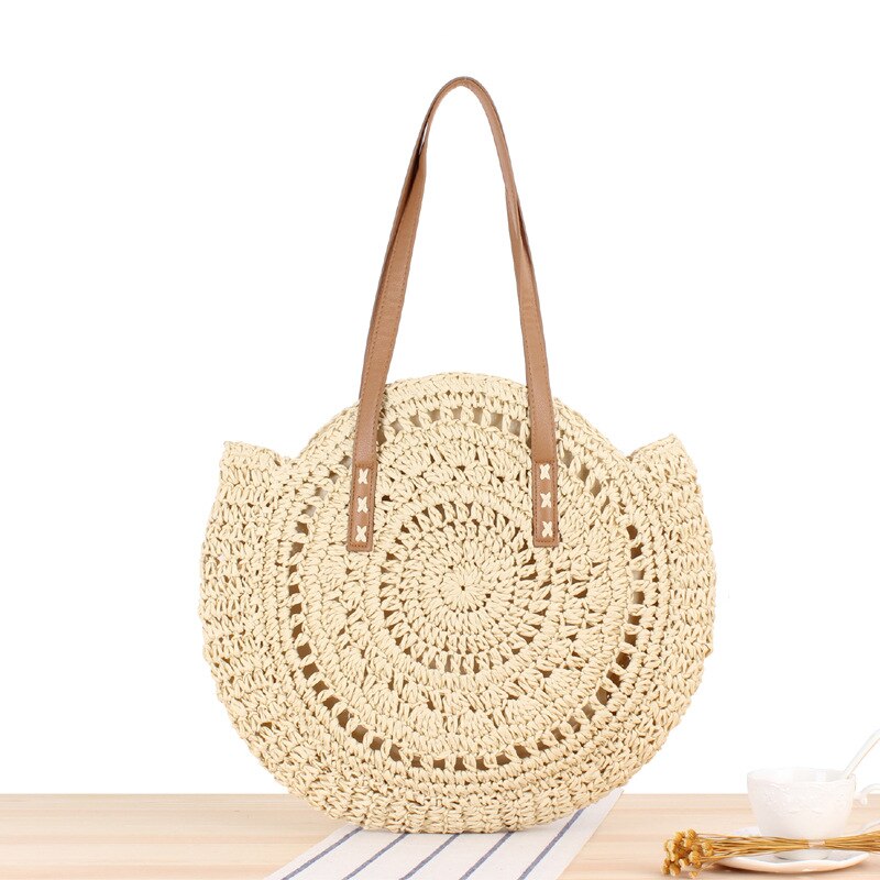 Bolso de playa de paja para mujer, bolsa de rafia tejida a mano de estilo bohemio e informal y con redondo para el verano: Beige hollow  L